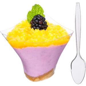 DLux 50 x 5 oz Mini Dessert Cups with Spoons, Large Swirl - Clear Parfait Appetizer Cup - Small Reusable Serving Bowl for Tasting Party Desserts Appetizers - With Recipe Ebook