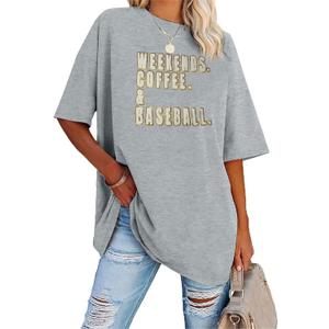 Baseball Shirts for Women Oversized Game Day Sports Fan Shirt Baseball Mama Puff and Glitter Short Sleeve Tee (Gray, L)