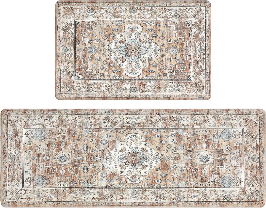 Pauwer Anti Fatigue Kitchen Mat Set of 2 Non Slip Kitchen Mats for Floor Cushioned Kitchen Rugs Comfort Standing Mat Farmhouse Waterproof PVC Foam Kitchen Floor Mat Runner (17"x28"+17"x48"--0.4", Vintage Cream Tan)