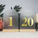 Wedding Table Numbers 1-20, Acrylic Arch Signs with Natural Wood Stands Holders, Rustic Table Decor for Reception & Parties (Frosted Gold)