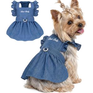 Denim Cat Dog Dress Clothes for Small Dogs with Leash Ring Summer Girl Small Dog Clothes Outfit Belly Velcro Fastening Cat Outfits&Apparel for Girl Medium