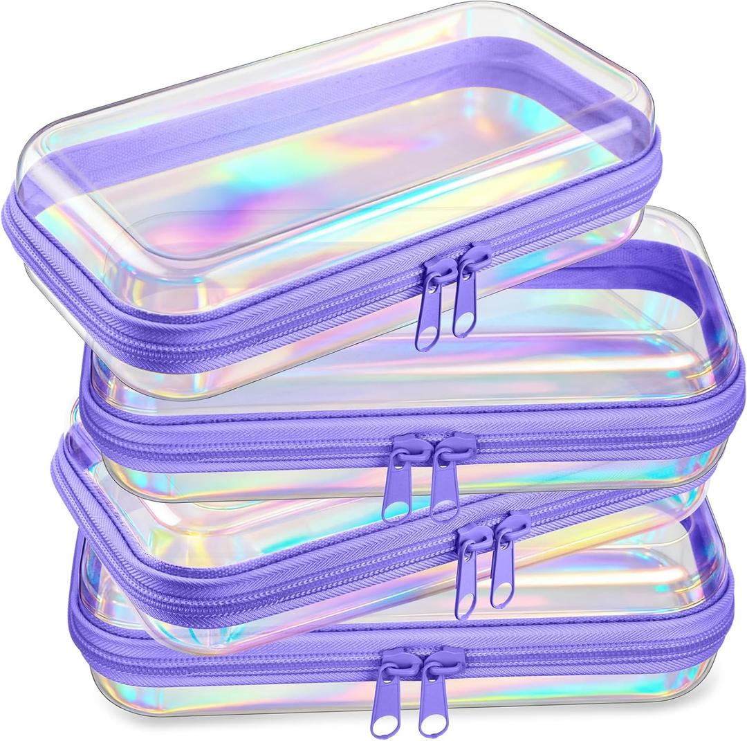 Hoolerry 4 Pcs Hard Clear Zipper Case Makeup Bags Plastic Zipper Pouch Transparent Storage Box Containers for Cosmetics, Snacks, Building Blocks, Puzzles(Clear,7.5 x 3.9 x 2 in,Purple Laser)