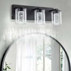 SineRise Black Vanity Light (3-Light, 17-Inch), (3000K/4000K/6000K, Dimmable), Eye Protection LED Bathroom Light Fixture, Modern Wall Light Over Mirror with Clear Glass Shade