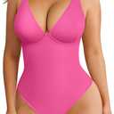 FeelinGirl Shapewear Bodysuits for Women Tummy Control Body Suits Deep V Neck Thong Body Shaper (Small, Pink)