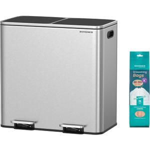 SONGMICS Trash Can, 2 x 10.6 Gallon (2 x 40 L) Garbage Can for Kitchen, with 15 Trash Bags, 2 Compartments, Plastic Inner Buckets and Hinged Lids, Airtight, Silver and Black ULTB730E80