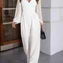 Pink Queen Jumpsuits for Women Dressy Patchwork Chiffon Sleeve V Neck Wide Leg Romper Elegant Party Outfits (White, XL)