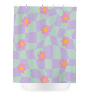 Sage Green Purple Wavy Checkered Boho Shower Curtain, Checkerboard Daisy Flower Shower Curtain, Danish Pastel Y2K Decor, Funky 90s Bathroom