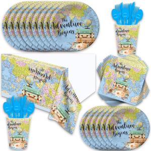 141pcs Around The World Party Decorations The Adventure Begin Birthday Party set Includes Dinner Plate Dessert Plate Paper Napkin Cup Knife Fork Spoon Tablecloth Travel Birthday Supplies set