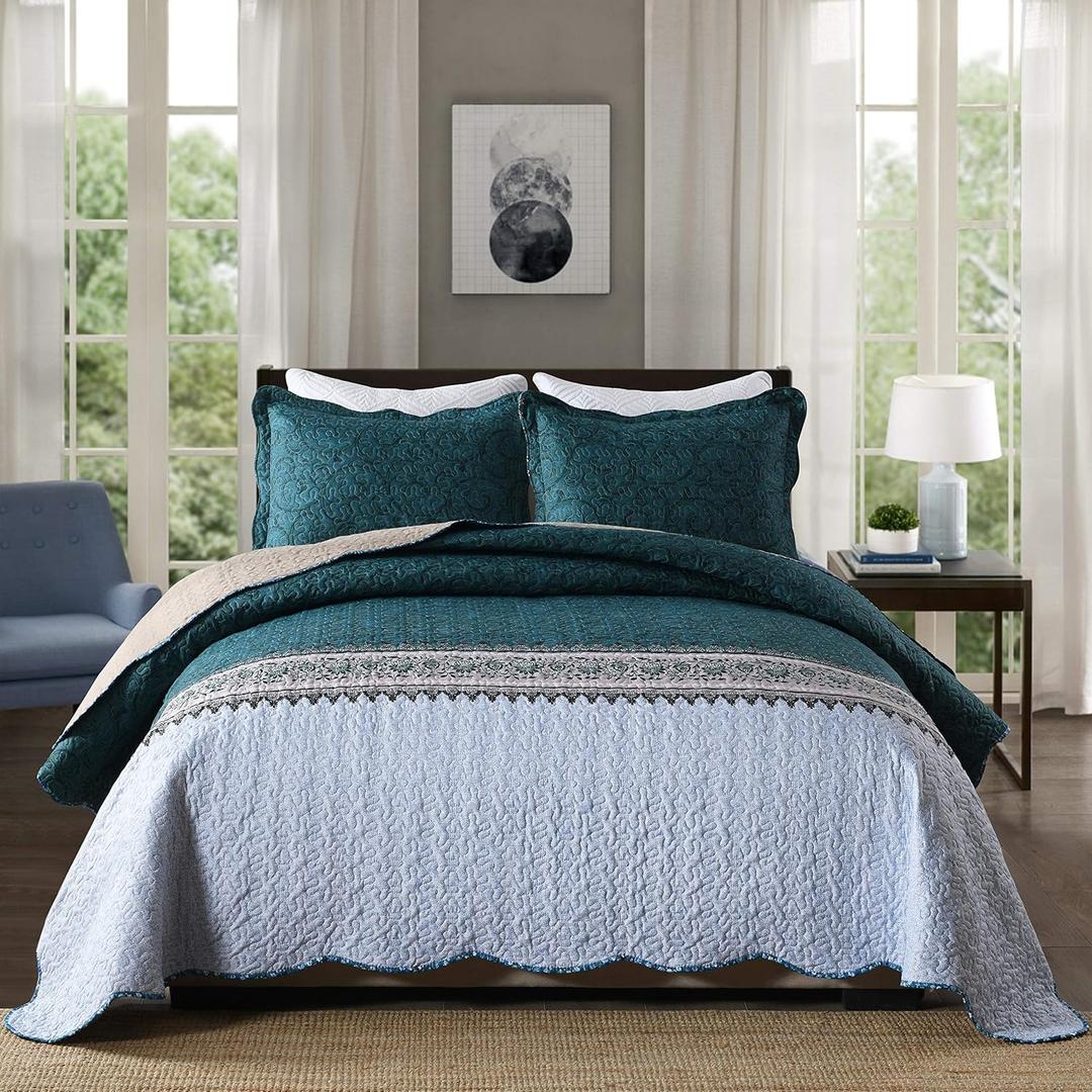 Travan 3-Piece Queen Quilt Set Quilted Bedspread Oversized Microfiber Soft Lightweight Bedding Set with Shams for All Season, Blue Ocean, Queen Size