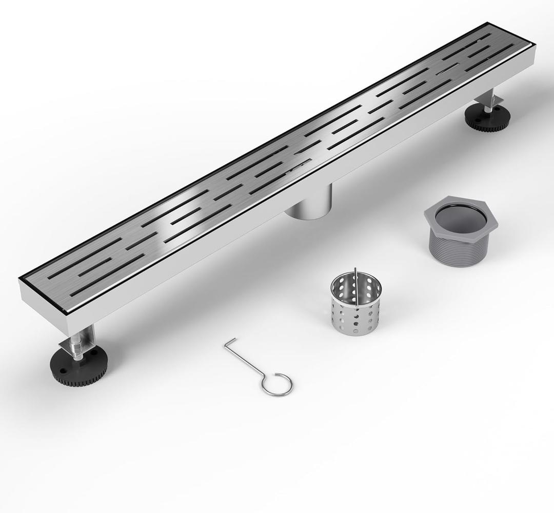 Shower Drain Stainless Steel for Bathroom: Brushed Nickel Linear Shower Drain 28 Inch with Removable Brick Pattern Grate - Adjustable Rectangular Shower Floor Drain with Hair Strainer