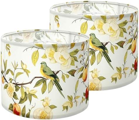 LUMIPAP Drum Lamp shades Set of 2,Flower And Bird Print Lamp Shades for Table Lamps Floor Lamp,13" Top X 13" Bottom X 10" High Large Fabric Lamp Shades,Easy Assembly Replacement Lampshades