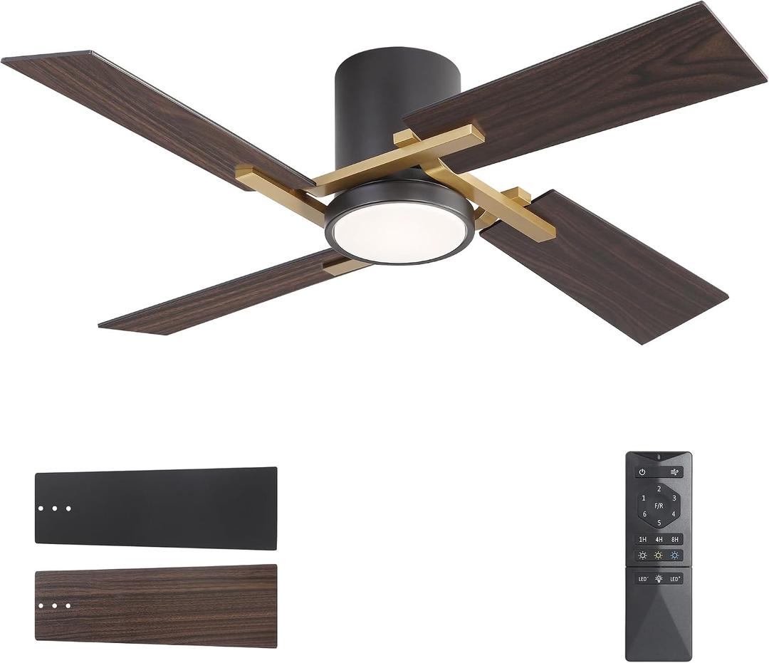 WINGBO 48" Flush Mount Ceiling Fan with Light - 4 Plywood Blades, 6-Speed Reversible DC Motor, Dimmable, 3CCT, Noiseless Low Profile Ceiling Fans for Bedroom Living Room, Gold and Black/Walnut