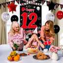 12th Birthday Decorations Boy, Red Black Happy 12th Birthday Decorations for Boys Girls, 12 Year Old Birthday Door Banner, Triangle Flag, Large Number 12 Balloons Decor Boy Twelve Bday Party Supplies