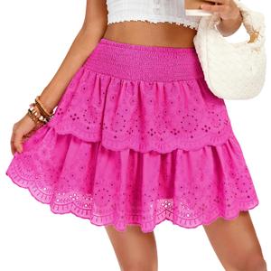 Kate Kasin Pleated Mini Skirt for Women High Waist Flowy Ruffle Layered Flared Y2K Teen Spring Summer Short A Line Skirts (Medium, Pink)