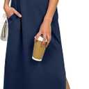 ANRABESS Womens Summer Casual Maxi Dress Short Sleeve Crewneck Split Wrinkle-Free Travel Long Sundress Beach Vacation Clothes (Large, Navy Blue)