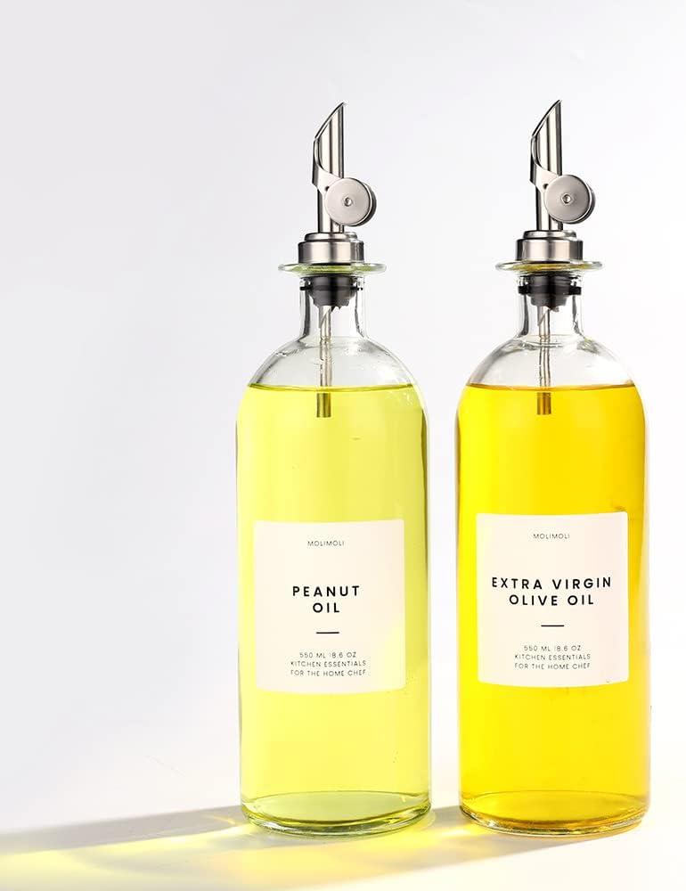 Molimoli Oil and Vinegar Dispenser with Metal Pour Spout, Weighted Pourer, Glass Bottle Dispenser for Kitchen, Olive Oil Cruet, Glass Olive Oil Bottle | 500ml, Set of 2 (Silver)