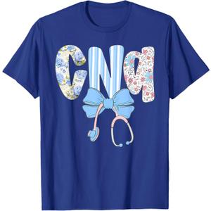 Coquette CNA Nurse Blue Floral Stethoscope Bow Cute Nurse T-Shirt, L