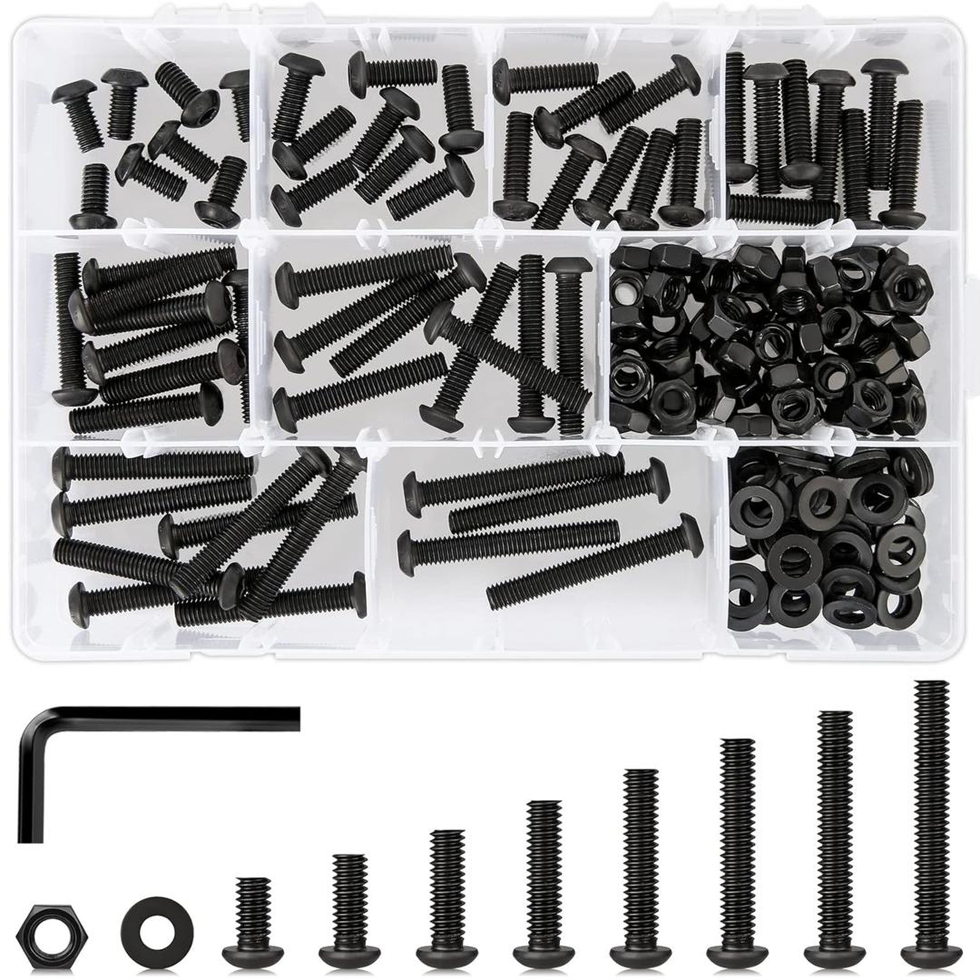 181Pcs M6 Screw Assortment 8 Lengths 12mm to 45mm, Hex Button Head Cap Screw Bolts and Nuts Kit, 10.9 Alloy Steel Metric Machine Screws and Nuts, Washers, 12/16/20/25/30/35/40/45mm, Black