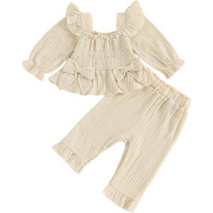 VISGOGO Baby Girl Outfit Crocheted Floral Top Linen 12 18 24M 2T 3T 4T Todder Clothes Tops + Denim Pants Set (Khaki-bow), 12-18M
