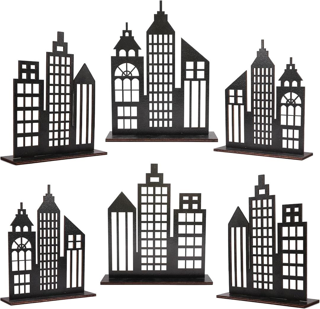 6 Pcs Super Hero Party Decorations, 2 Style Wooden Hero Theme Skyscrapers Table Decorations, City Skyline Buildings Centerpiece Sign Decor for Hero Theme Comic Birthday Party Supplies