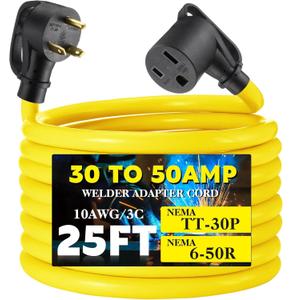 Tellegloww 25 Feet NEMA TT-30P to 6-50R Welder Adapter Extension Cord, 30Amp to 50Amp 3 Prong Generator RV to 3 Prong Welder Adapter, STW 10 AWG/3C, 250V 7500 Watt, ETL Listed