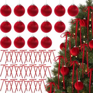 Riceshoot 45 Pcs 3.15 Inch Velvet Christmas Tree Ornaments Set Include 15 Christmas Balls and 30 Vintage Bows Hanging Ornaments for Xmas Tree Door Garland Holiday Anniversary Party (Red)
