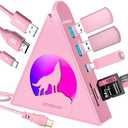 Pink USB C Hub, 8-in-1 Type C Hub with 4K HDMI, 100W Power Delivery, 5Gbps USB-C, 3xUSB-A 3.0, SD/TF Card Reader, RGB Lighting, Pink Dock for MacBook Air/Pro, iPad, iPhone16, Surface, XPS, etc.