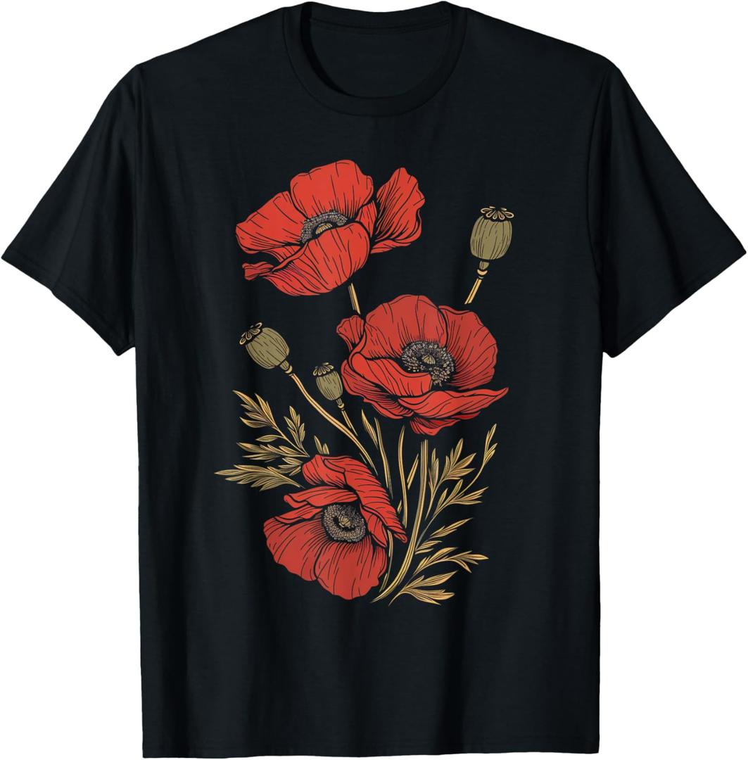 Poppy Botanical Vintage Poppies Floral T-Shirt (Black)