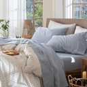 MooMee Bedding Sheet Set 100% Washed Cotton Linen Like Textured Breathable Durable Soft Comfy (Heathered Cornflower Blue, Queen)