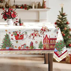 Christmas Santa Tablecloth Waterproof, Seasonal Table Cloth Rectangle, Washable Table Cover for Christmas Party Home Kitchen Decoration (60120 Inch)