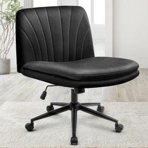 Orange Factory Criss Cross Chair with Wheels Comfy Wide Vanity Desk Chair Dual Base Leather Armless Adjustable Swivel for Home Computer Task (Black Pu, Faux Leather), 34 Inches X 23 Inches X 19 Inches