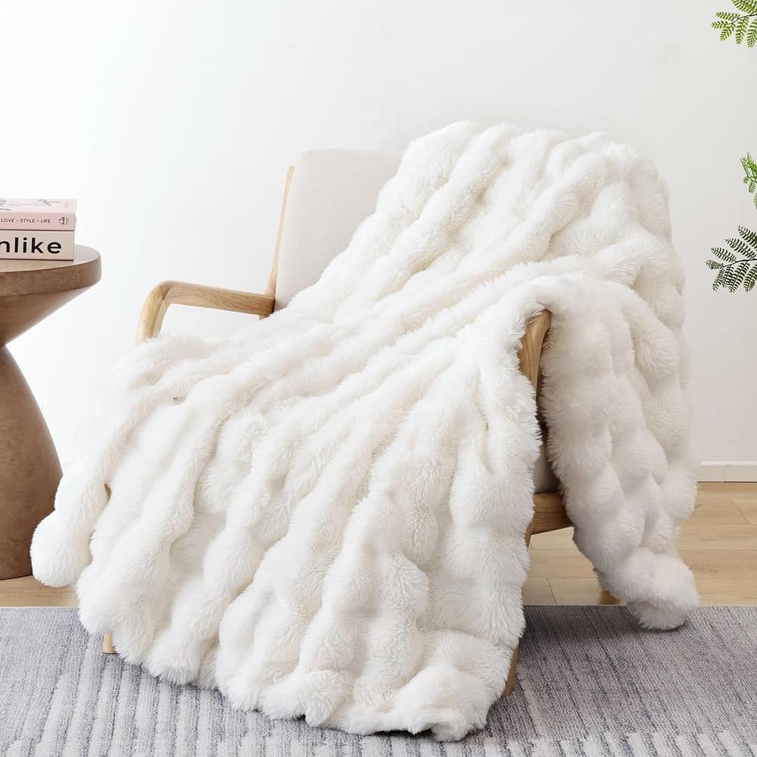 Smoofy Faux Fur Throw Blanket for Couch  Cream White Fluffy Cozy Rabbit Fleece, Plush Soft Bubble Blanket for Sofa & Bed, for Mom, Warm Fuzzy Home Room Decor Throw 50" x 60"