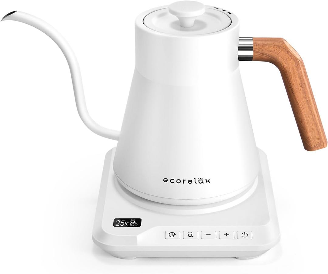 ECORELAX Gooseneck Electric Kettle, 1 Temperature Control Pour Over Kettle for Coffee, Tea & Water, Stainless Steel 1200 W Keep Warm OLED Display 1 L (White)