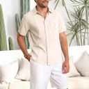 Runcati Mens Cuban Guayabera Shirts Button Down Short Sleeve Shirt Casual Mexican Summer Beach Wedding Tops with Pocket (Beige, S)