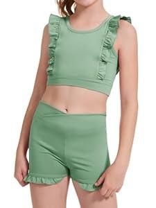 CharmWM Girls 2 Piece Outfits Athletic Ruffle V Crossover High Waisted Dance Shorts with Training Bra Crop Tank (7-8 Years, Green)
