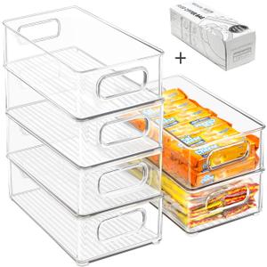 Stackable Refrigerator Organizer Bins, 6 Pack Clear Kitchen Organizer Container Bins with Handles and 20 PCS Plastic Bags for Pantry, Cabinets, Shelves, Drawer, Freezer - Food Safe, BPA Free 10"L