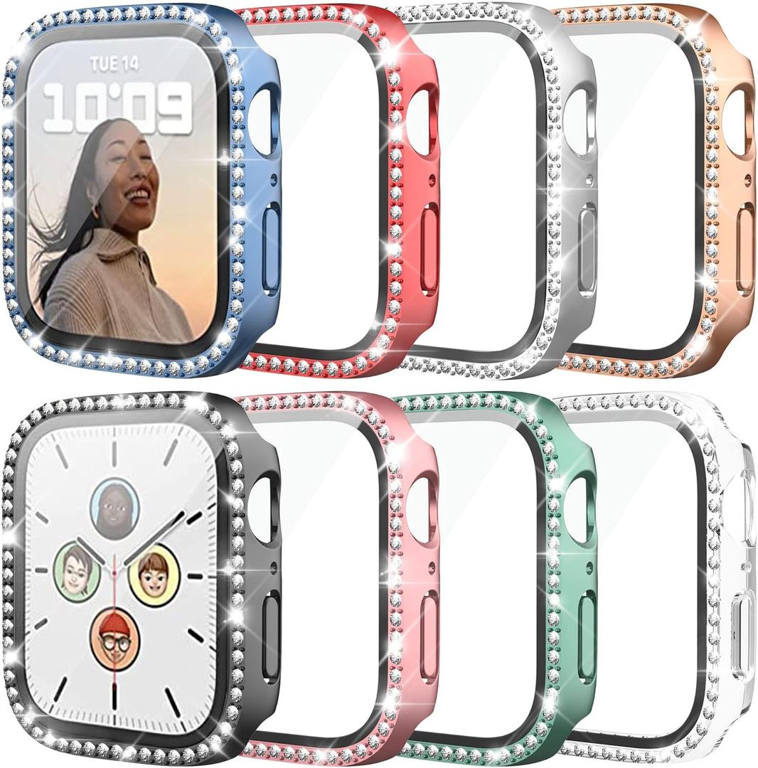 8 Pack Bling Case for Apple Watch Series SE 3/SE 2/SE/6/5/4 40mm with Tempered Glass Screen Protector, Premium Glitter Diamond Bling Hard PC Protective Glossy Bumper Cover for Girl Women