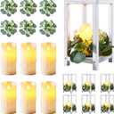 Neoflavie 16 Set 48 Pcs Wooden Wedding Lantern Centerpiece, Include 16 Wooden Candle Holders 16 LED Candles 16 Eucalyptus Leaves Wreath for Rustic Table Decoration, Country Barn Wedding, Party-Retro White