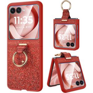 Caka Bling Case for Motorola Razr 2026/2025/2024 Case [NOT for Plus or Ultra], with Finger Ring Holder & Built-in Screen Protector, Slim Thin Sparkle Shiny Protective Phone Cover - Red