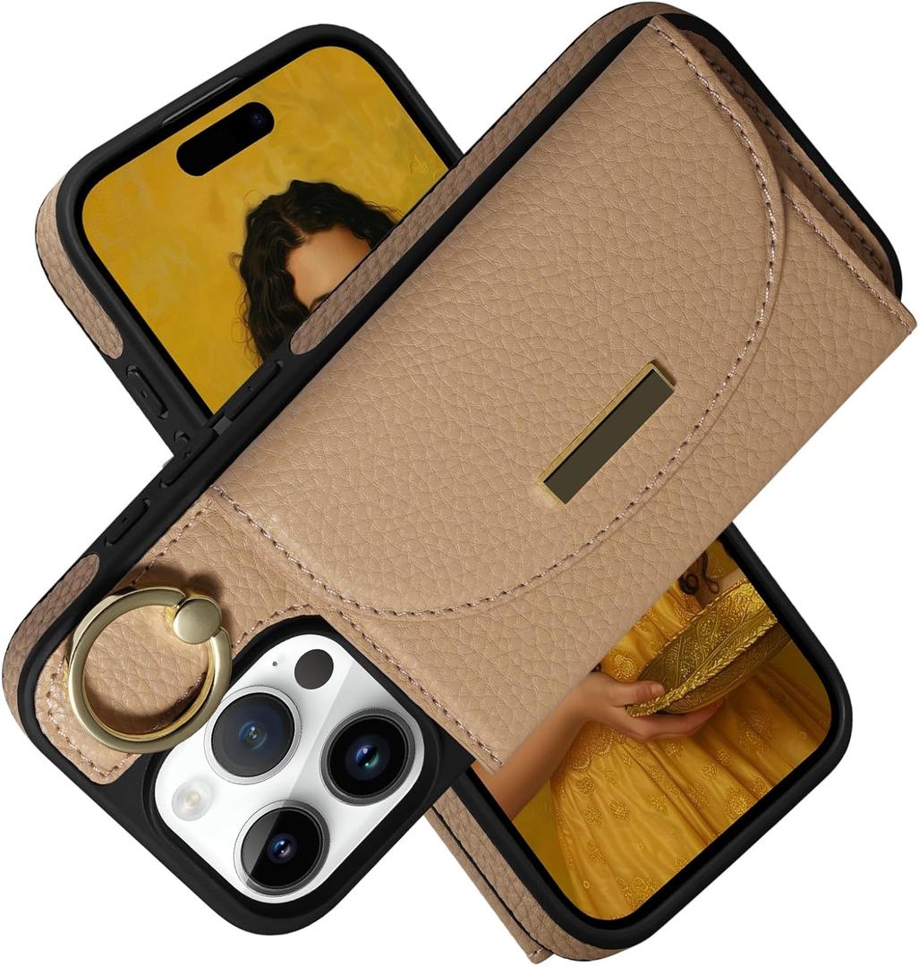 Keallce Wallet Case for iPhone 16 Pro Max 6.9'', Flip Case with Card Slots, Ring Holder Kickstand, PU Leather Protective Folio Cover for Women, Yellow