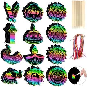 FEBSNOW 48 PCS Diwali Crafts for Kids, Magic Rainbow Scratch Art Paper Cards for Kids Diwali Gifts School Classroom Activities Happy Diwali Festival of Lights Party Favors Hanging Ornaments