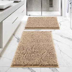 Beige Bathroom Rugs 2 Piece Set - 17" x 24" + 20" x 32", Non-Slip Extra Soft Absorbent Chenille Bath Rugs, Quick Dry Shaggy Shower Bathroom Floor Mat
