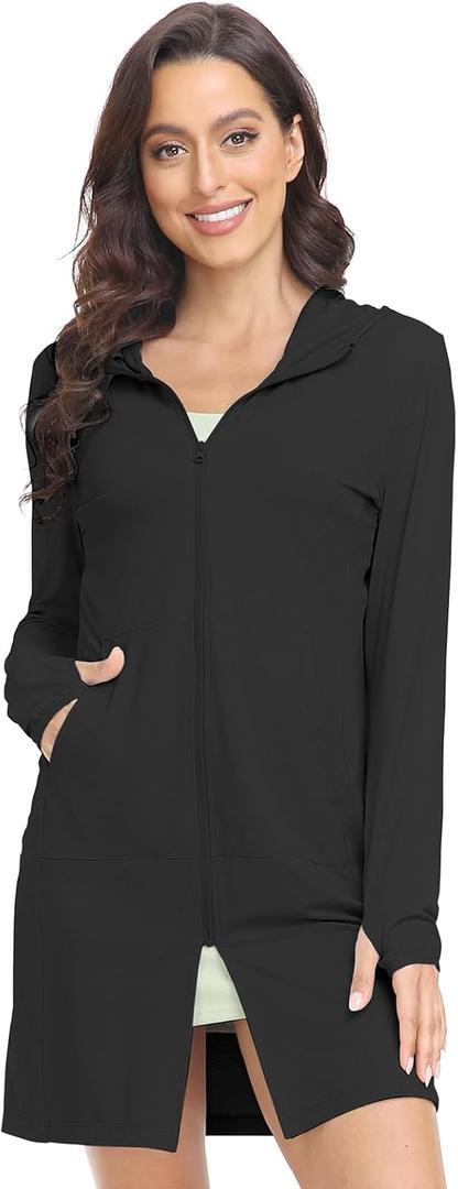 HISKYWIN Women's UPF 50+ UV Sun Protection Hoodie Long Jacket Workout Long Sleeve Zip Shirt Lightweight Outdoor Hooded