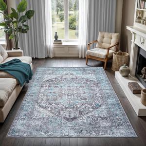 GLN Rugs Vintage Collection - Machine Washable Area Rug, Vintage Washable, Non Slip, Low Pile Rug, Living Room, Bedroom, Bathroom Rug - Easy Clean (4'x6' Blue and Gray)