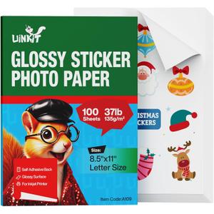 Uinkit 100 Sheets Printable Glossy Sticker Photo Paper 8.5x11 Full Sheet Inkjet Self Adhesive Photo Paper Label For for Scrapbooking, Brand Logo, Party Decor Stickers Letter Size