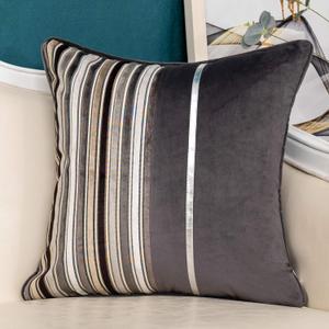 Yangest Grey Striped Patchwork Throw Pillow Cover Gold Leather Cushion Cover Zippered Pillowcase for Sofa Couch Bedroom Living Room Home Decoration,18x18 Inch