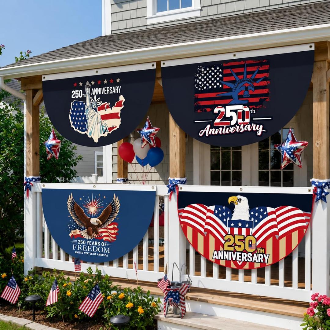 Remagr 4 Pcs 4th of July Outdoor Porch Decor 1.5 x 3 ft 250th Anniversary Bunting Flag Patriotic Outdoor Decor Non-pleated Half Fan Banner for Independence Day Memorial Day 1776-2026 Garden Front Door