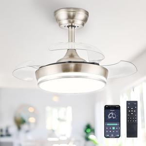 STERREN 30" Retractable Ceiling Fans with Lights, Dimmable LED Ceiling Fan Remote Control, Modern Small Fan Light for Bedroom Living Room Dinning Room Kitchen, 3000K-6500K, 6 Speed (Brushed Nickel)