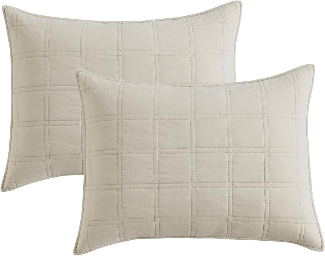 HORIMOTE HOME 100% Cotton Quilted Pillow Shams King Size, Beige Pre-Washed 2 Pack 20" x 36" Cozy Pillowcases, Breathable Stitching Pillow Cases Cover Decorative for Bed in Geometric Pattern, Beige