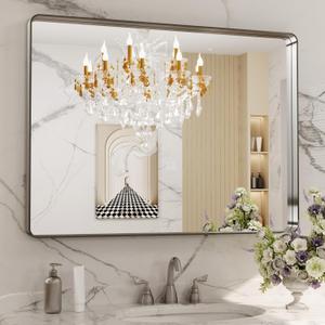LOAAO 40X30 Inch Brushed Nickel Bathroom Mirror, Rounded Rectangle Silver Metal Frame Mirror, Brushed Nickel, Anti-Rust, Shatter Proof, Hangs Horizontally or Vertically LOAAO 40X30 Inch Brushed Nickel Bathroom Mirror, Rounded Rectangle Silver Metal Frame Mirror, Brushed Nickel, Anti-Rust, Shatter Proof, Hangs Horizontally or Vertically